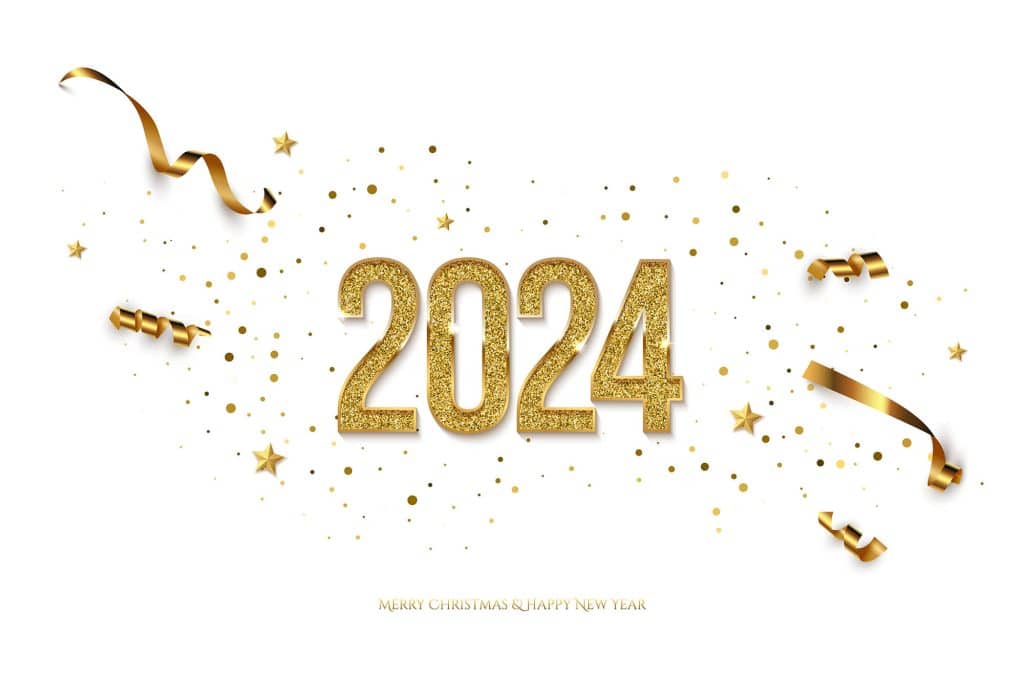 2024 Happy New Year greeting card vector template. Festive Christmas horizontal social media banner design with congratulations. Golden numbers with confetti realistic illustration on white background